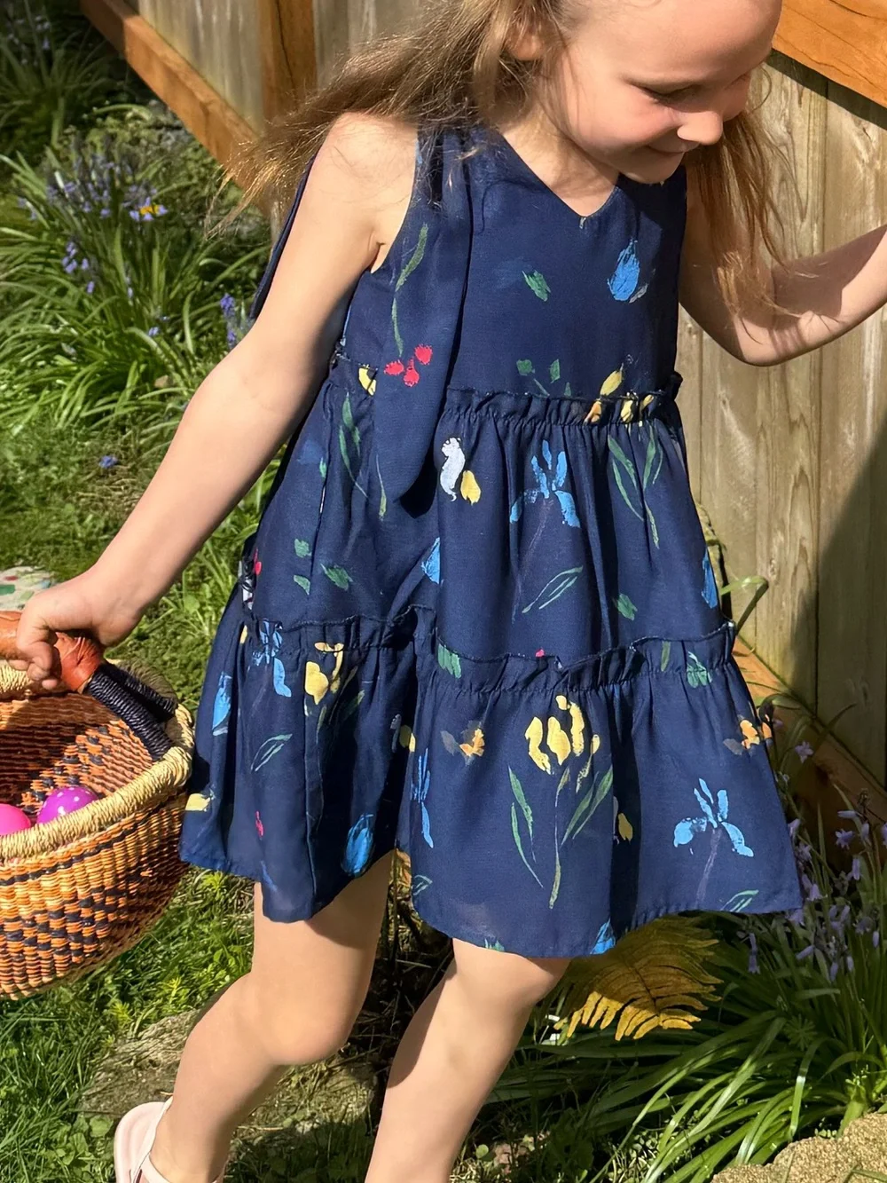 Girls Navy Floral dress with additional shoulder tie and flowers